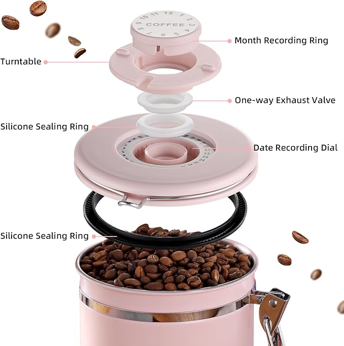 Bincoo Premium Pink Coffee Canister, 1500ml/18oz Large Airtight Stainless Steel Coffee Bean Storage Container with Date Tracker & Scoop (1500ML)