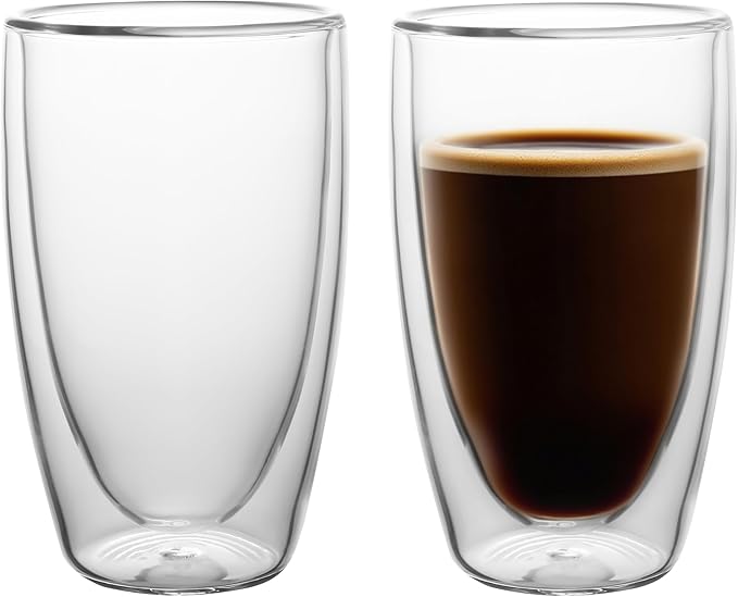 NIRA.Z 2 Pack 16oz Double Wall Glass Coffee Mugs, No Hole Bottom, Insulated Borosilicate Glass Coffee Cups, Clear Mugs for Hot & Cold Beverages, Perfect for Espresso, Latte, Tea, Cappuccino