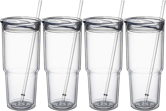MEWAY 30oz/4 pcs Classic Insulated Tumblers,Double Wall Acrylic Tumbler with Lid，Reusable Plastic Insulated Tumblers with Straw，for cold drinks, sand ice, whatever you like(transparent,4 pack)