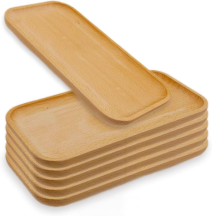 6 Pack Solid Wood Serving Platters and Trays of Natural Wood with Edge,Rectangular Avoid Sliding and Spilling Food (6pcs Wood*10x5 Inch)