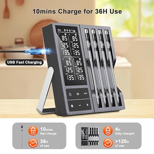 Wireless Meat Thermometer Digital 4 Probes - 800FT Bluetooth Food Thermometer for Cooking, NIST Certified Accuracy ±0.5°, Standalone Base Dual Probes for Kitchen Grill BBQ Oven Smoker Rotisserie