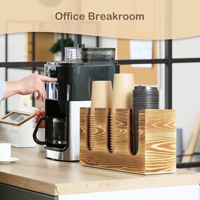 Wooden Coffee Cup and Lid Organizer for Countertop, 3 Compartments Cup Holder Dispenser, Fits 16–24 oz Disposable Cups, Coffee Bar Cup Organizer, Breakroom Kitchen Counter Cup Holder - Image 5