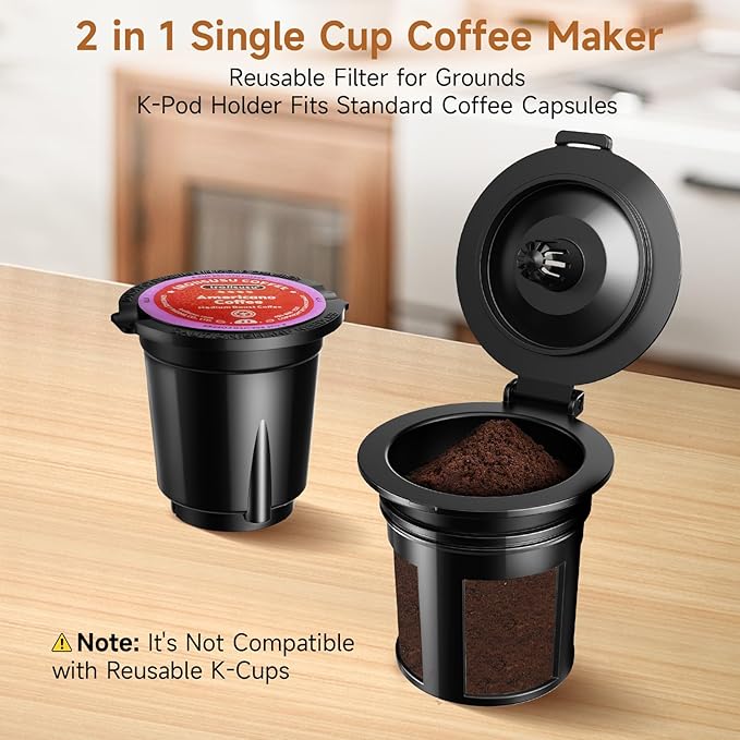 Small Single Serve Coffee Maker, Fast Brew One Cup Coffee Machine for K Cup and Grounds, 6 to 12 oz. Brew Sizes, Capsule Coffee Machine with Descaling Reminder and Viewing Tank, Grey