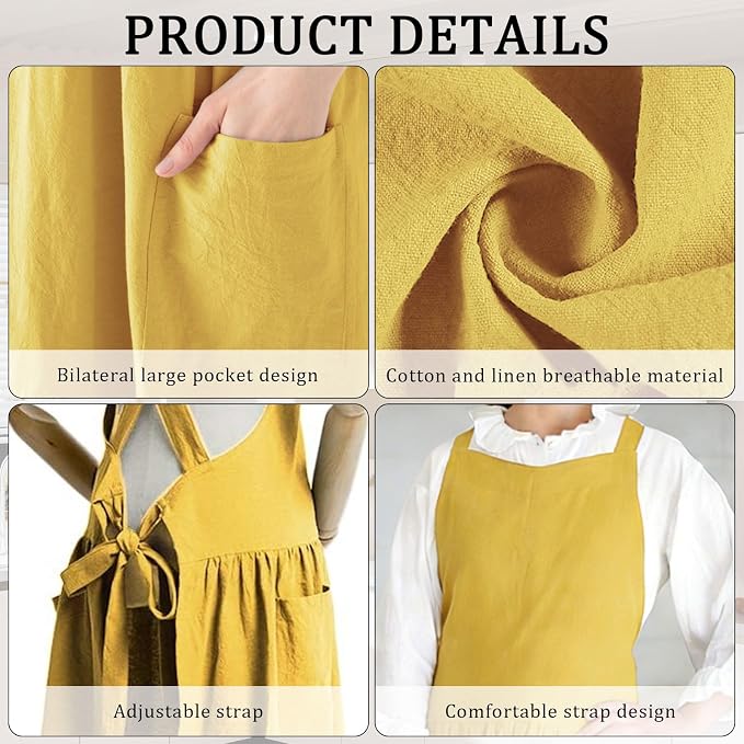 Cotton Linen Cross Back pinafore Apron Dress for Women with Pockets for Cooking Cleaning - Crossback Apron - Yellow - with Waist Ties - Image 7