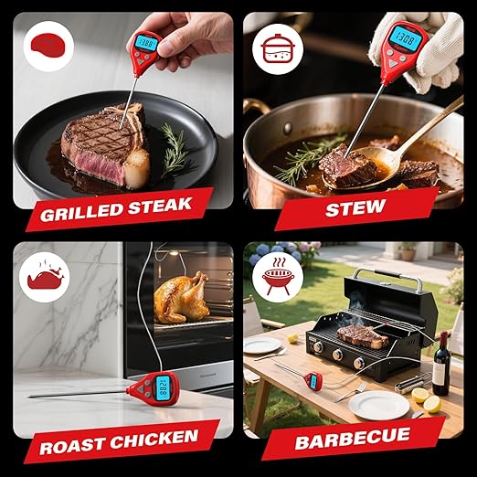 Rechargeable Digital Meat Thermometer with 3.3ft External Probe, Warning Alert, Instant Read Food Thermometer for Cooking Baking Water BBQ Oil Fry, Waterproof IP67, Hold Function, Oven Safe