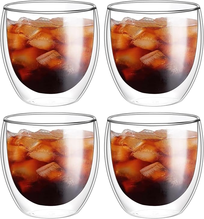 8oz Glass Coffee Mugs Set of 4, Double Walled Espresso Cups for Latte Cappuccino Cocoa Milk Cafe Juice, Clear Glass Tea Cup Set Glassware Gift for Christmas Birthday (8oz-4Pack)