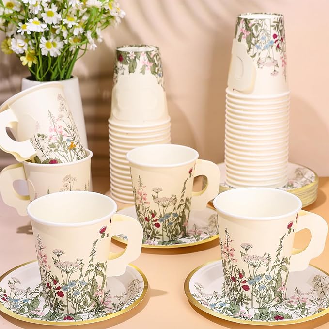 Whaline 80 Pcs Spring Floral Paper Tea Cups and Saucers 9 oz Vintage Wildflower Disposable Paper Tea Cups with Handle and Plates for Wedding Birthday Bridal Baby Shower Mother's Day Tea Party Decor