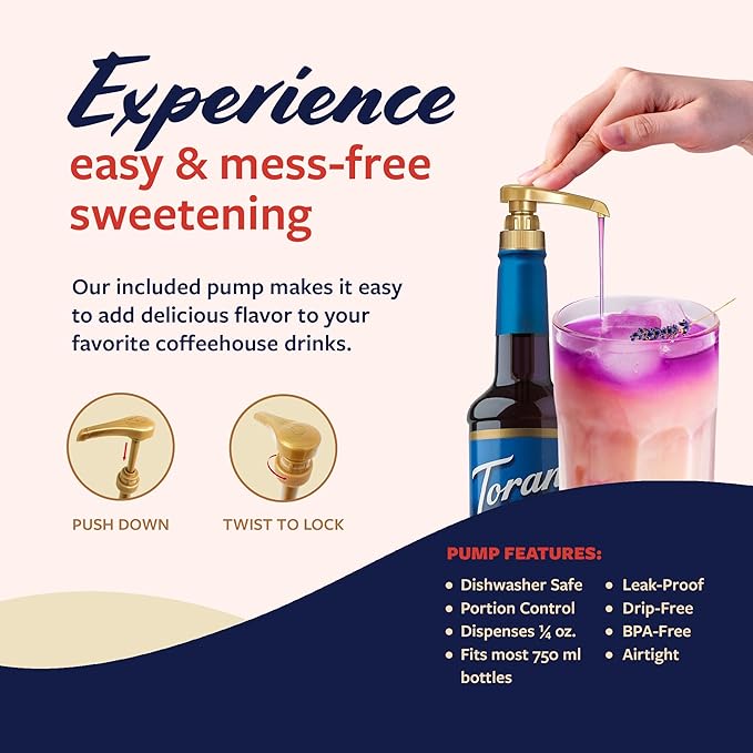 Torani Sugar Free Syrup, Lavender Flavoring for Drinks, Zero Calorie, Pump Included, 25.4 Fl Oz