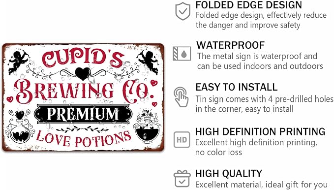 Cupid's Brewing Love Potions Metal Tin Sign Valentine's Day Sign Retro Vintage Wall Art Kitchen Cafe Home Wall Decor Plaque Poster 8x12 Inch - Image 2