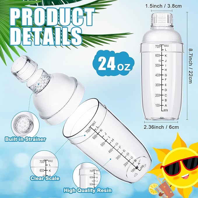 Lallisa 12 Pcs Plastic Cocktail Shaker Drink Mixer with Scales and Strainer Top Clear Shaker Cup with Measurement Plastic Mixing Tool for Tea Coffee Bubble Tea Milk(700 Cc/ 24 oz)