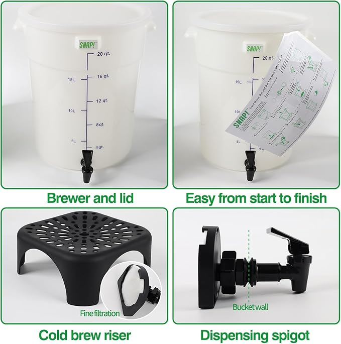 Snap! Cold Brew Round Bucket- 5 gallon Commercial Cold Brew System,Cold Brew Coffee Set-Whtie