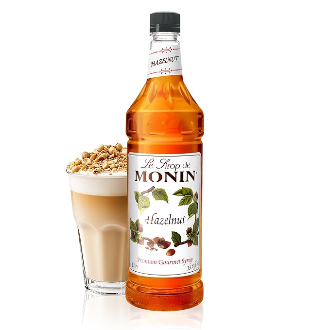 Monin - Hazelnut Syrup, Nutty Taste of Caramelized Hazelnut, Natural Flavors, Great for Mochas, Lattes, Smoothies, Shakes, and Cocktails, Non-GMO, Gluten-Free (1 Liter)