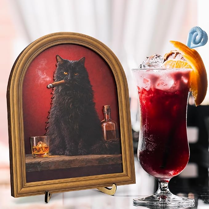 3D Funny Black Cat Smoking Wall Art Sign for Man Cave Decor, Whiskey Bar Cat Portrait Decor, 8x10 Inch