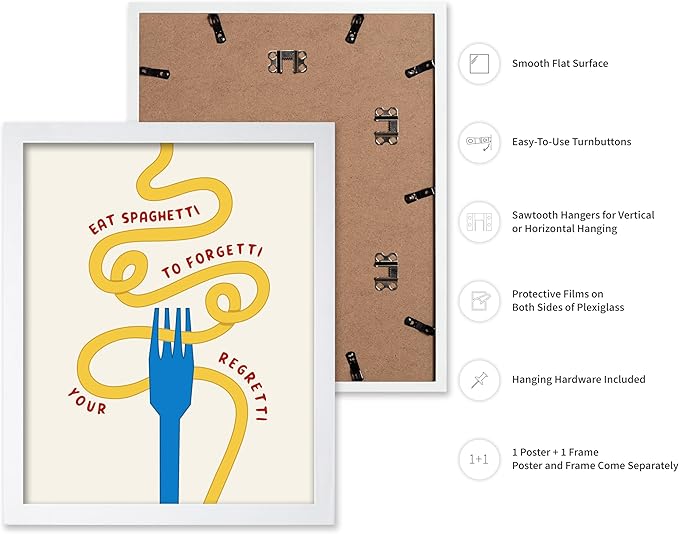 Poster Master Spaghetti Poster - Eat Spaghetti To Forgetti Your Regretti Print - Food & Drink Art - Gift for Chef, Cook - Fun Decor for Restaurant, Kitchen, Dining Room, 11x14 White Framed