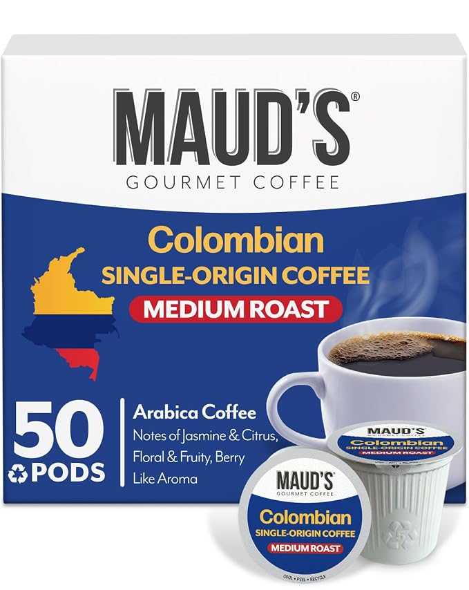 Maud's Colombian Coffee Pods, 50 ct, Single Origin, Medium Roast Coffee in Single Serve Pods – 100% Arabica Coffee, Compatible with Keurig K Cups Maker by MAUDSCOFFEETEA