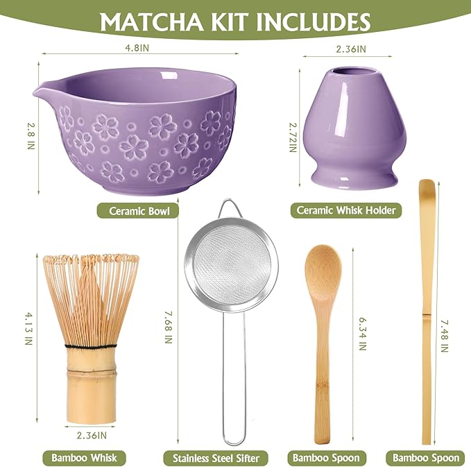 Matcha Whisk Tea Set Kit: Japanese Matcha Kit - Ceramic Bowl Bamboo Whisk Chasen Holder spoon Measuring Scoop Sifter - Traditional Practical for Tea Ceremony Breakfast Lattes - Home Kitchen Christmas