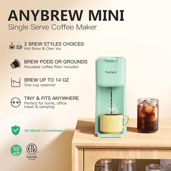 Mini Hot and Iced Coffee Maker Single Serve, for K Cup and Ground, 6 to 14 Oz Brew Sizes, with Recipe Book, for Home, Travel, RV, Office and Dorm, Mint