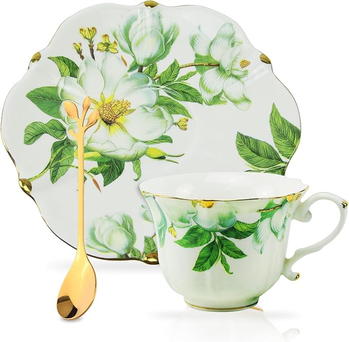 Country Roses Porcelain Tea Cup and Saucer Set with Gold Trim, Vintage Style, For Women and Tea Parties (6, Green)