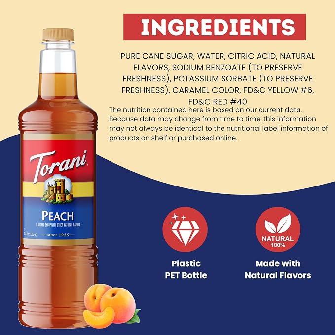 Torani Peach Syrup 1 Liter Bottle with Pump – Premium Drink Flavoring Made with Pure Cane Sugar & Natural Flavors for Lemonades, Teas, Cocktails, Mocktails & Desserts – Sweet Juicy Peach Sweetener - Image 6