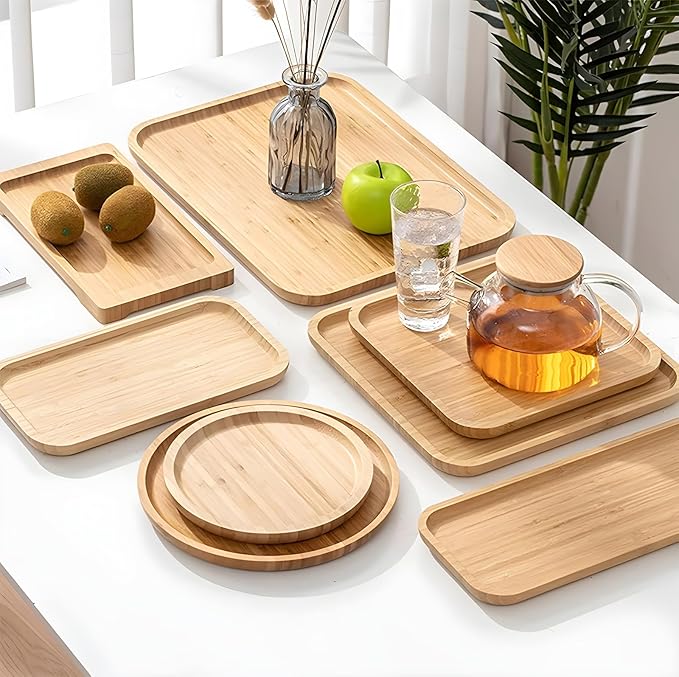2-Pack Bamboo Trays - Rectangle Serving Platter - 12.60 * 7.08 * 0.8 in - For Home, Hotel, Restaurant - Fruit, Coffee, Tea Platters