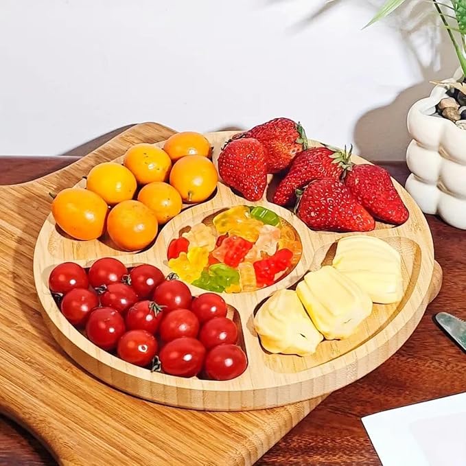 Divided Serving Dish Tray,7.9 in Round Bamboo Serving Trays,Wooden Candy Platters with 5 Compartments,Lazy Snack Trays for Home Decor,Parties, Events (1Pcs)