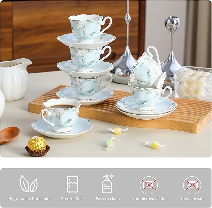 Porcelain Demitasse Cup Set of 6 (12-Piece) - 2.5oz Artisan Embossed Floral Cups and Saucers with Gold Trim for Turkish Coffee, Gift
