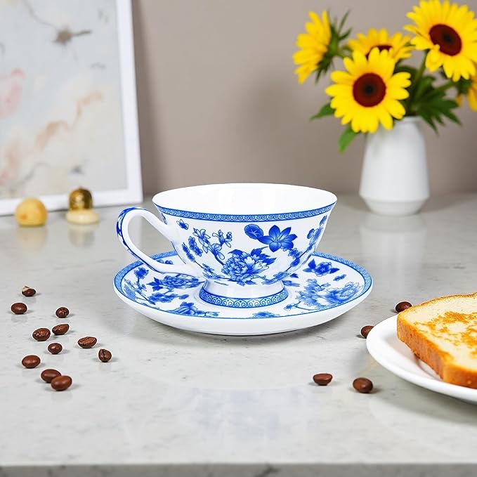 Tea cup and Saucer Set Royal Garden Style Tea Coffee Cup with Saucer 7 Ounces Bone China Teacup and saucer Set (Blue and White)