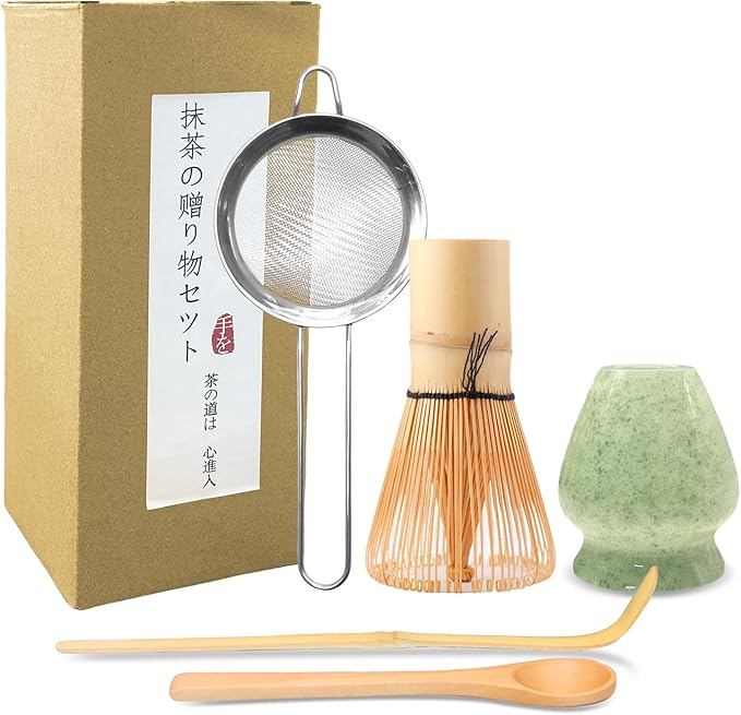 Matcha Whisk Set Green 5PCS Matcha Whisk and bowl(Chawan) With Matcha Spoon and sifter Matcha Kit for Ceremony Matcha Tea Set Gift for Matcha Lovers