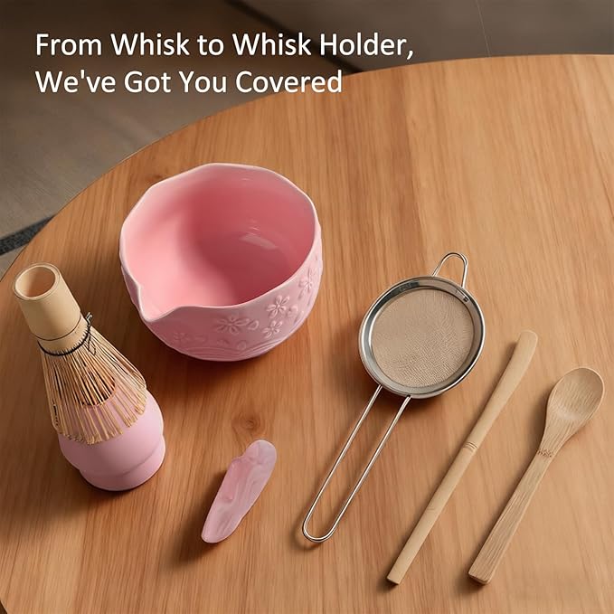 Matcha Whisk Set, 8 Pcs Matcha Kit with Ceramic Japanese Matcha Bowl & Accessories Kit for Traditional Tea Ceremony, Home Use & Gifts for Matcha Lovers (Pink)