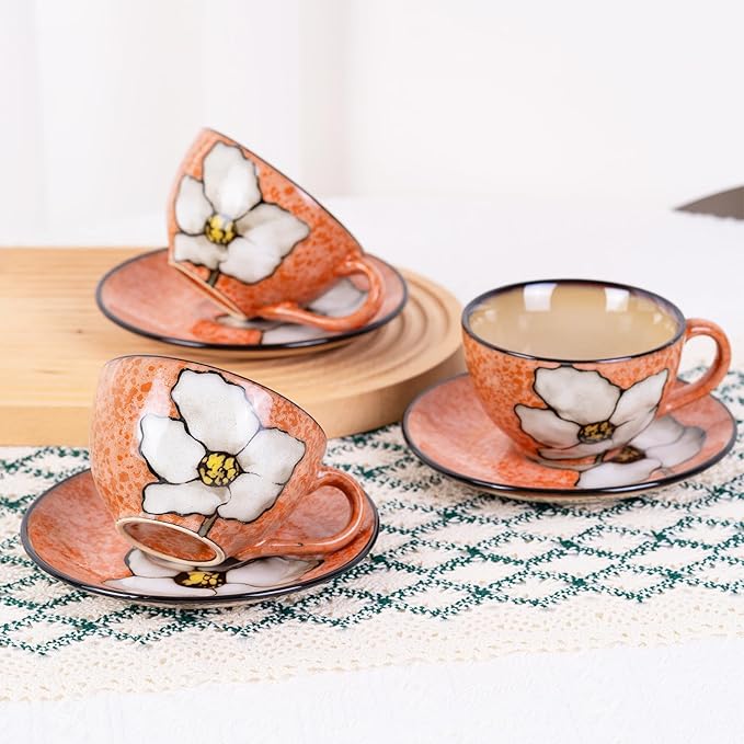 8 Oz Floral Porcelain Cappuccino Cups with Saucers Set of 4, Stoneware Tea Coffee Mugs for Home Kitchen & Office, Dishwasher Microwave Oven Safe, for Espresso, Latte, Americano, Milk & Tea, Pink