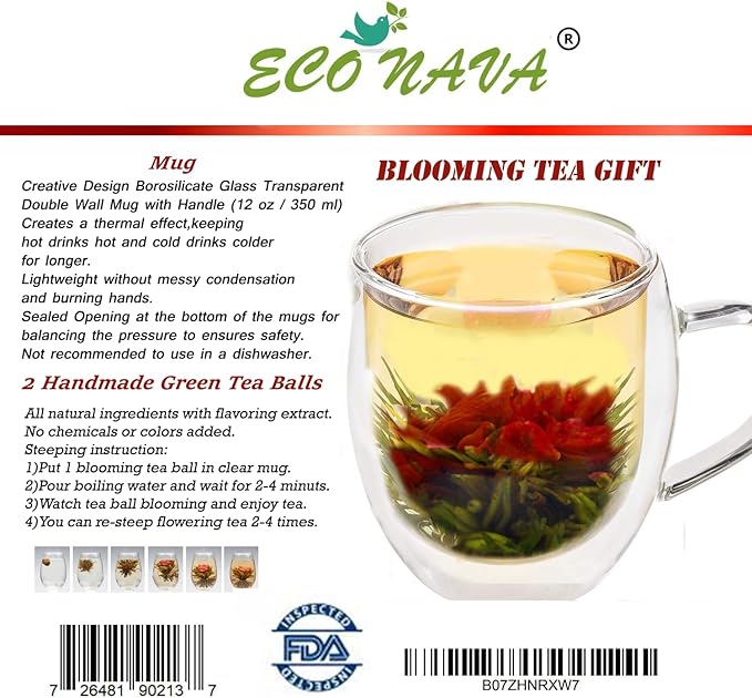 ECO NAVA Tea Gift Double Walled Glass Cup 350 ml / 12 oz with 2 Flowering Green Tea Balls Blooming. Great clear double wall insulated mug for serving coffee, tea, hot chocolate, latte, espresso.