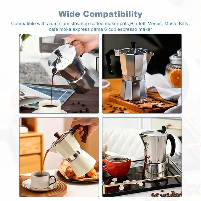 6 Cups Moka Pot Coffee Gasket Replace for Bia-letti Moka Aluminium Stovetop Espresso Coffee Maker Pots, 2 Stainless Filter and 5 Gaskets
