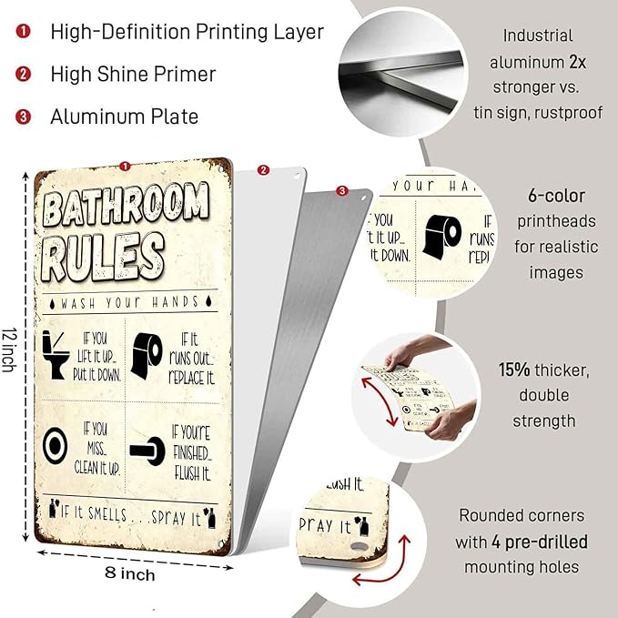 Funny 'Bathroom Rules' Metal Tin Sign – Vintage Wall Art for Bathroom Decor, 8x12 Inch