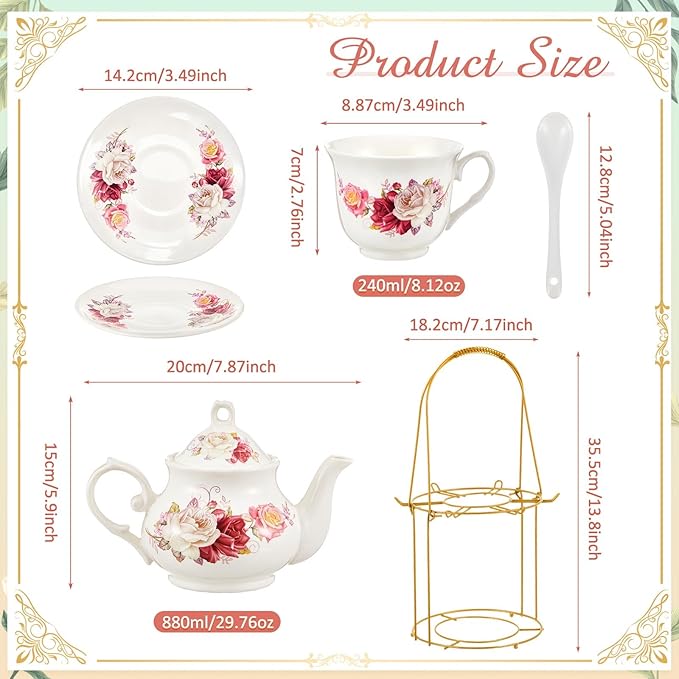 Zhehao 20 Pcs Porcelain Tea Set with Metal Holder and Spoon Adult Ceramic Tea Set European Flower Painting Teapot Cup Saucer Spoon for Women, Large Version(Grace Style)