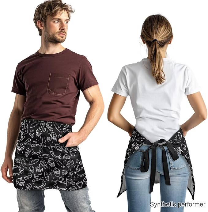 Waist Apron with 3 Pockets Waterproof 13 Inch Short Half Waist Aprons Women Men Server Aprons Waitress Waiter Apron - Image 2