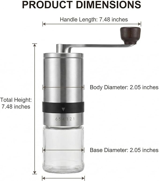 Manual Coffee Grinder – Professional Stainless Steel Burr Mill with 6 Adjustable Settings – Portable Hand Crank Grinder for Espresso to French Press – Glass Grounds Container & Ergonomic Wooden Handle