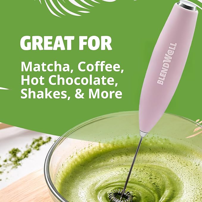 BlendWell Electric Milk Frother for Matcha and Coffee, Handheld Battery Operated Drink Mixer with Stand, Stainless Steel Whisk, Rose Pink