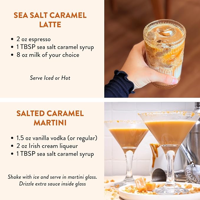 Caramel Agave Simple Syrup for Coffee & Cocktails - Sweetened with Organic Agave Nectar - Infused with Real Sea Salt - 13.5 oz