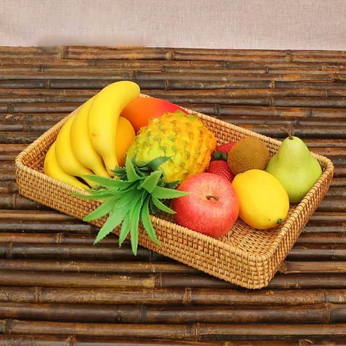 RT&BS Large Rattan Tray Rectangle, Rattan Barbecue Tray, Natural Rattan Serving Trays, Bathroom Vanity Trays, Handwoven Serving Basket for Food, Drinks, Decor in Kitchen, Restaurant, Bar, Cafés