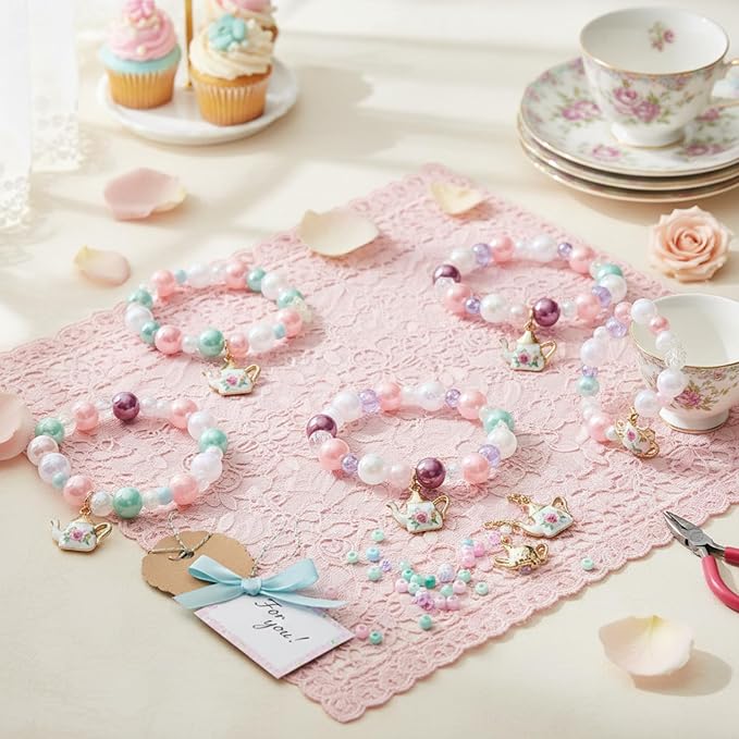 Ecally 6 Pcs Tea Party Favors Bracelet Bulk Mini Flower Tea Pot Beaded Bracelet Gift Party Supplies Pot Pendant Accessories Decorations for Kids Girl