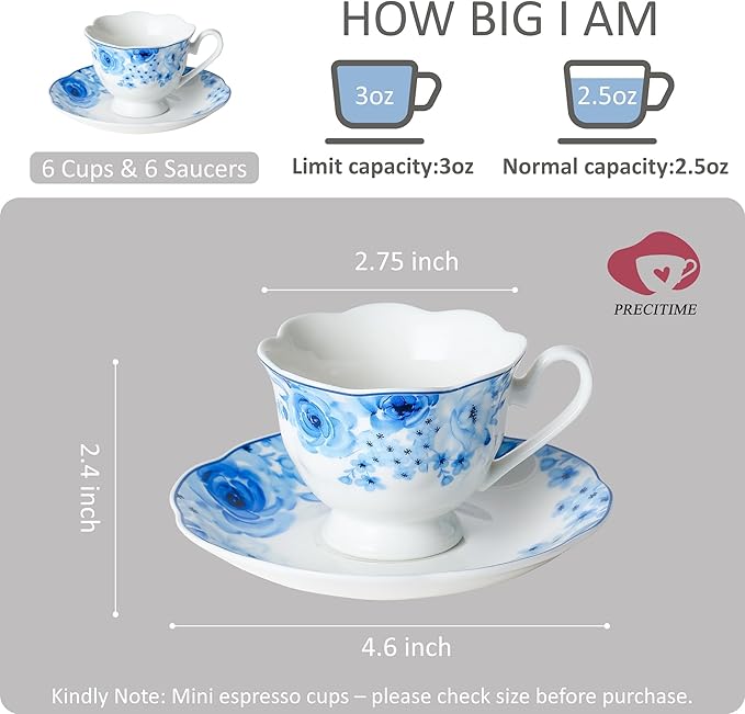 Porcelain Demitasse Espresso Cup and Saucer Set of 6 (12-Piece) - 2.5oz Cups with Classic Blue Floral Pattern, Dishwasher & Microwave Safe