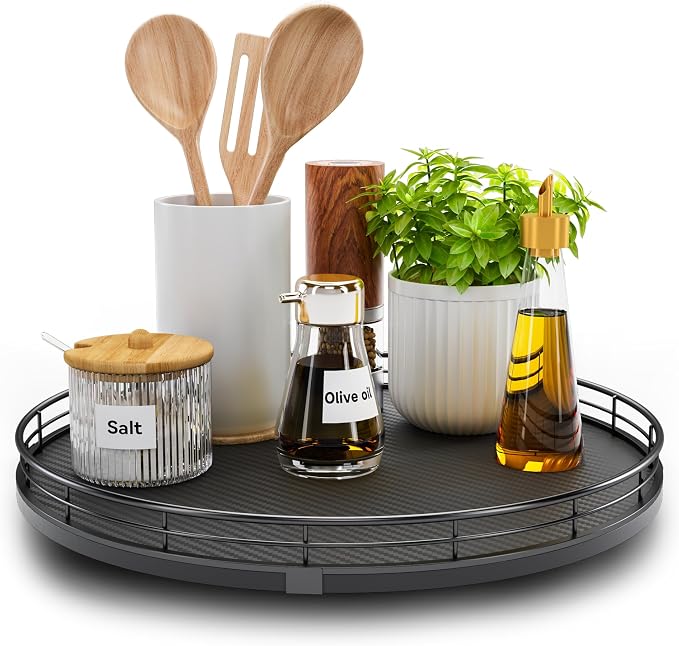 13" Lazy Susan Turntable Organizer for Table Top, Round Wooden Lazy Susan for Cabinet Kitchen Decor Centerpieces Coffee Table, Storage Condiments Spices, Bathroom Vanity Tray for Soap, Black by HGF