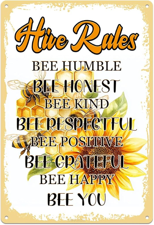 Bee Hive Rules Sign Bee Humble Honest Kind Respectful Positive Grateful Happy Print Poster Wall Decor Vintage Garden Metal Signs Home Bar Kitchen Cafe 12x8 Inch Aluminium Hanging Plaque by WEGUZIX
