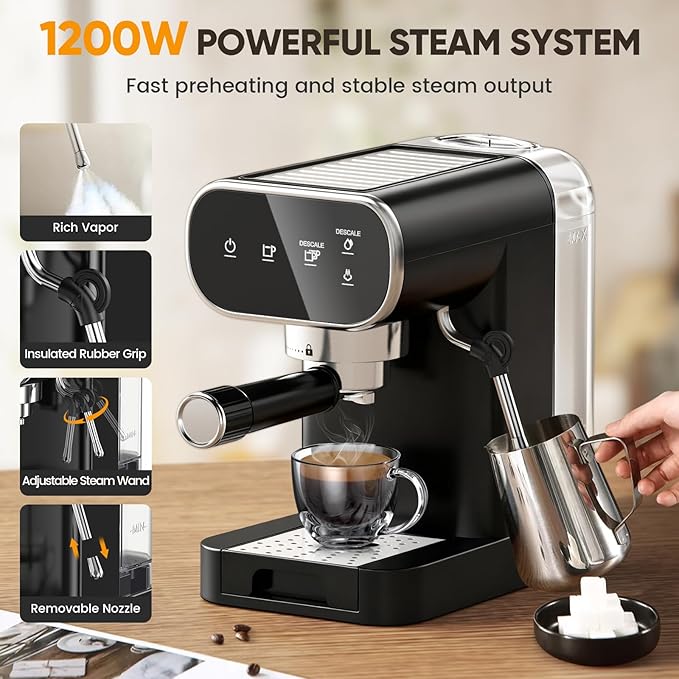 Espresso Machine 20 Bar, Home Espresso Maker with Touchscreen & Steam Milk Frother, Fast Heat-Up Coffee Machine with 48oz Removable Tank for Cappuccino, Latte, Americano, Black
