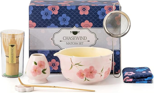 Matcha Whisk Set, 7Pcs Matcha Set with Hand-Painted Ceramic Matcha Bowl, Matcha Whisk and Holder, Scoop and Rest, Sifter, Tea Towel, Artisan Matcha Kit for Ceremony & Gifting (Pink)