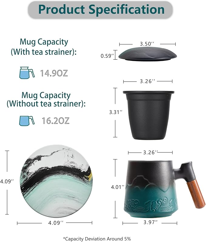 ZENS Tea Mug with Infuser and Lid for Loose Leaf Tea Steeper, 15.2oz Wood Handle Ceramic Tea Cup with Fine Strainers and Absorb Coaster for Tea Lovers Gifts