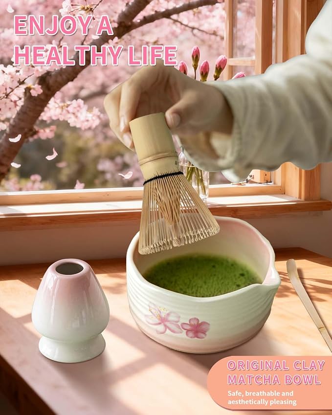 Pottery Matcha Set - Japanese Handcrafted Matcha Tea Bowl Mineral Glaze Bowl with Spout, Bamboo Whisk, Scoop & Chasen Holder | 5pc Tea Ceremony Kit for Matcha Lovers (Sakura Fubuki)