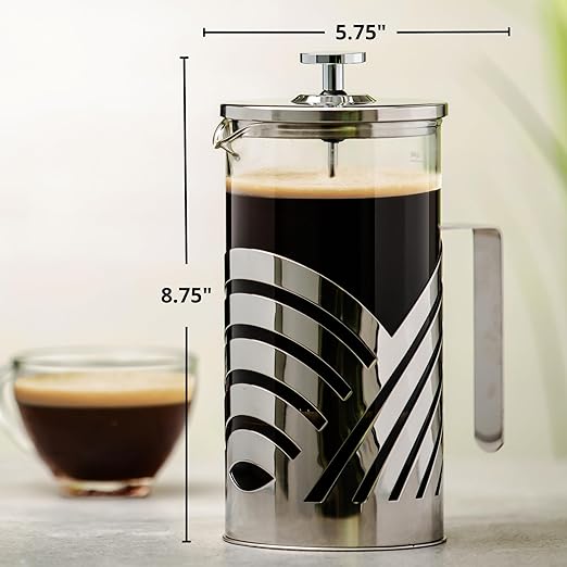 OVENTE French Press Coffee Maker 34 Ounce with Heat Resistant Borosilicate Glass, Stainless Steel Design and 4-Level Filter System, Portable Cold Brewer Pot for Travel, Camping or Gift, Silver FSD34P