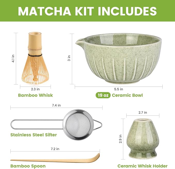 Farielyn-X Matcha Whisk Set, Japanese Tea Set (5pcs) includes Matcha Bowl with Spout (19 oz), Bamboo Whisk, Matcha Scoop, Matcha Whisk Holder (Chasen Holder), Stainless Steel Sifter, Macha Kit