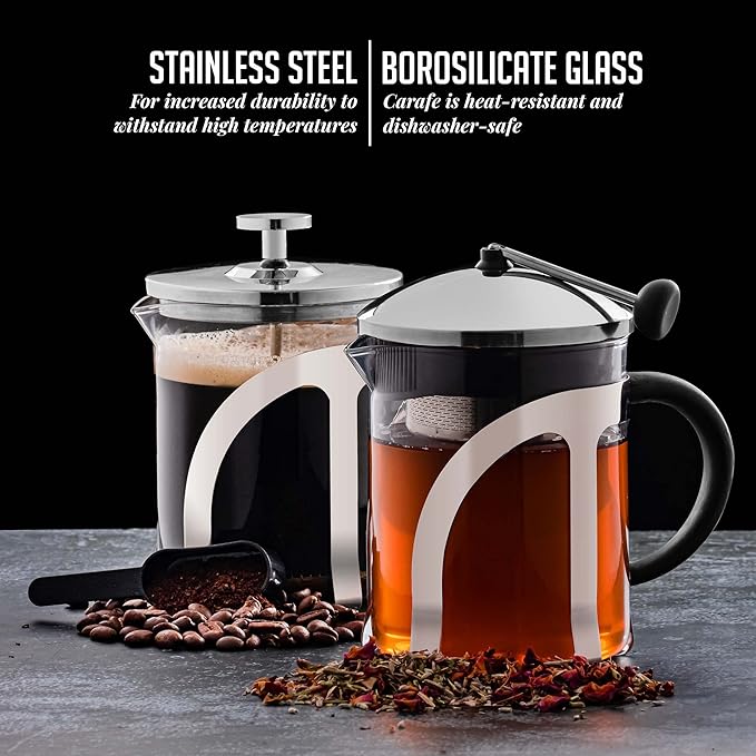 OVENTE French Press Coffee Maker, 20oz Heat Resistant Borosilicate Glass, BPA-Free Brewing Pot with 4-Level Filter System and Stainless Steel Plunger for Cold Brew Coffee, Tea and More, Clear FGC20T